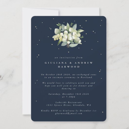 Invitation Réception de mariage Navy Snowberry+Eucalyptus (Devant)