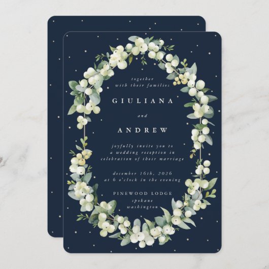 Invitation Réception de mariage Navy Snowberry+Eucalyptus uni (Devant / Derrière)