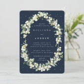Invitation Réception de mariage Navy Snowberry+Eucalyptus uni (Debout devant)