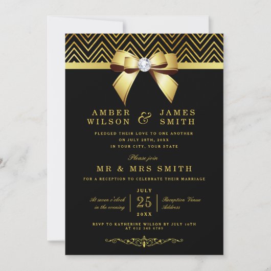 Invitation Réception de mariage Noir Or Chevrons Bow uniqueme (Devant)