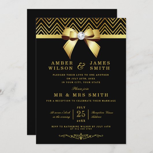 Invitation Réception de mariage Noir Or Chevrons Bow uniqueme (Devant / Derrière)