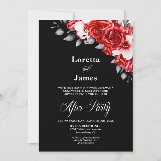 Invitation Réception de mariage noire à la rose rouge (Devant)