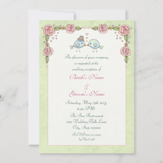 Invitation Réception de mariage Oiseaux bleus mignons et Rose (Devant)