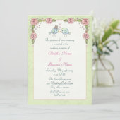 Invitation Réception de mariage Oiseaux bleus mignons et Rose (Debout devant)