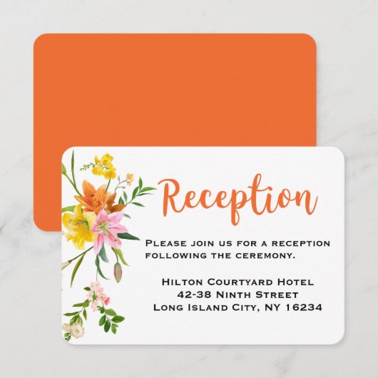 Invitation Réception de mariage orange floral Fleurs roses de (Devant / Derrière)