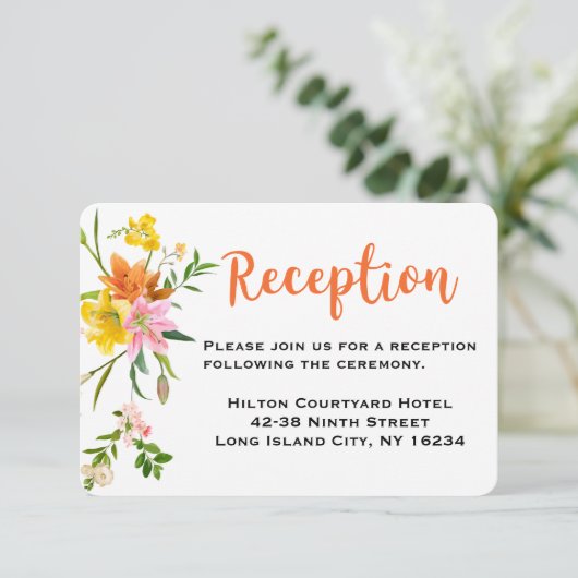 Invitation Réception de mariage orange floral Fleurs roses ly (Debout devant)