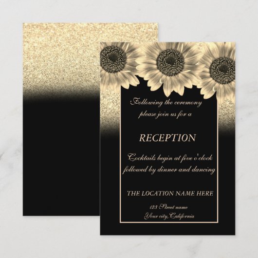 Invitation Réception de mariage pailleté or et tournesols (Devant / Derrière)
