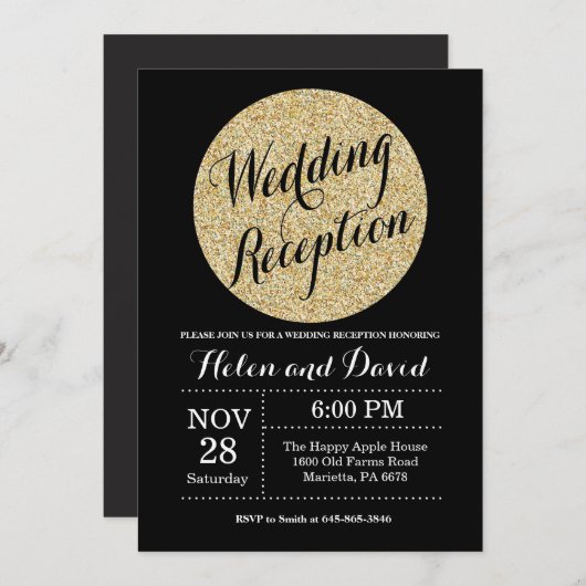 Invitation Réception de mariage Parties scintillant d'or noir (Devant / Derrière)