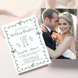 Invitation Réception de mariage photo verte dessinée à la mai