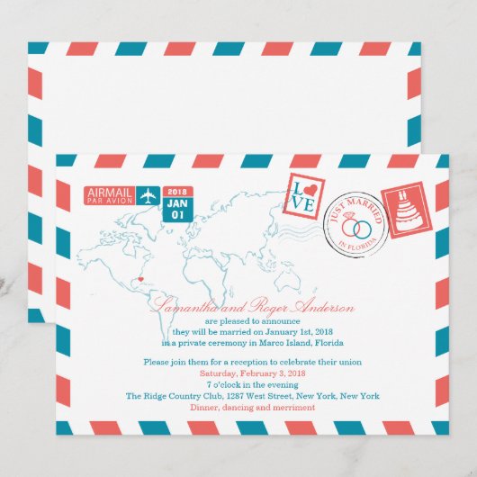 Invitation Réception de mariage post Floride par avion (Devant / Derrière)