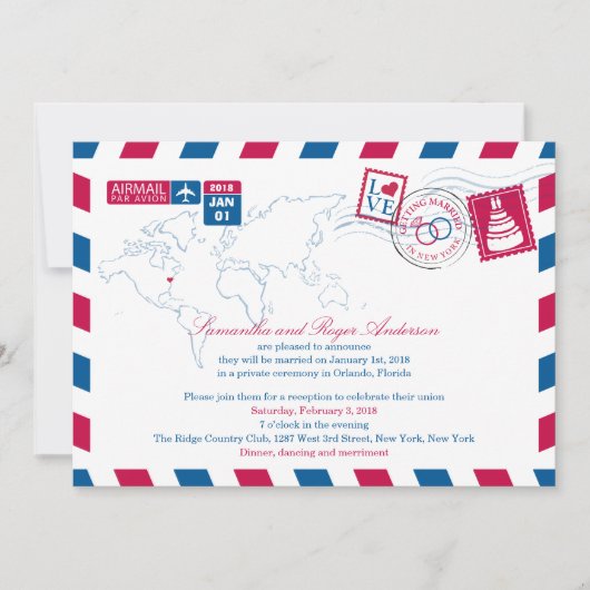 Invitation Réception de mariage post New York par avion (Devant)