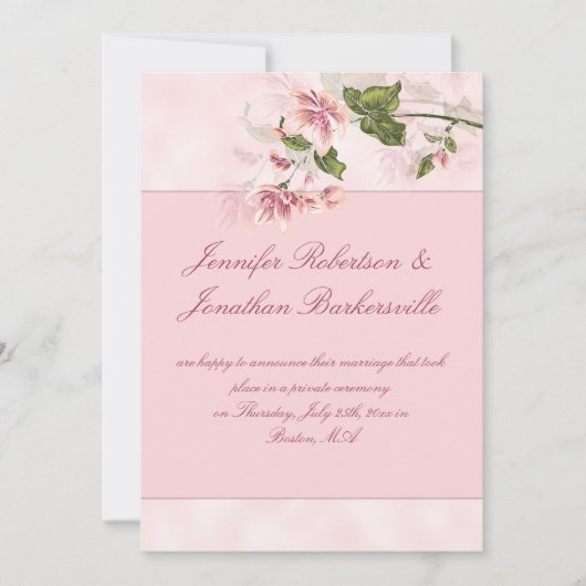Invitation Réception de mariage post-nuptial aux fleurs roses (Devant)