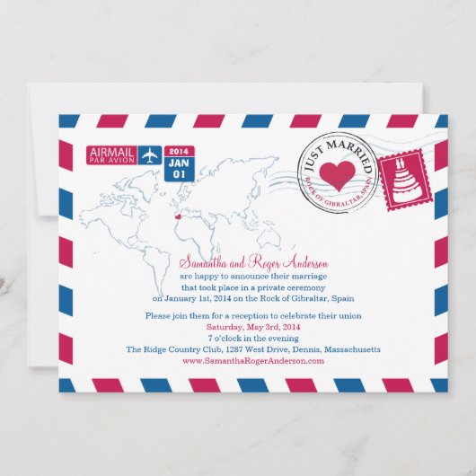 Invitation Réception de mariage postale par avion Espagne (Devant)