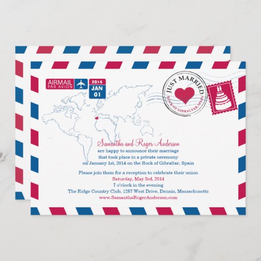 Invitation Réception de mariage postale par avion Espagne (Devant / Derrière)