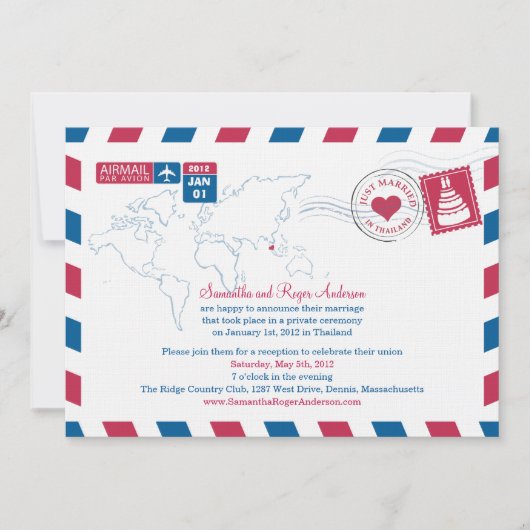 Invitation Réception de mariage postale par avion Thaïlande (Devant)