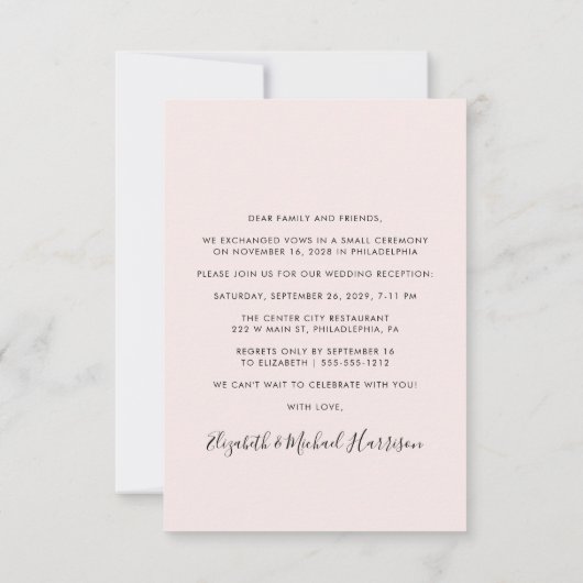 Invitation Réception de mariage rose de script chic (Dos)