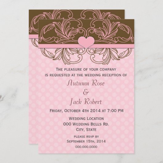 Invitation Réception de mariage rose et Brown (Devant / Derrière)