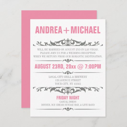 Invitation Réception de mariage rose et gris seulement Invita (Devant / Derrière)