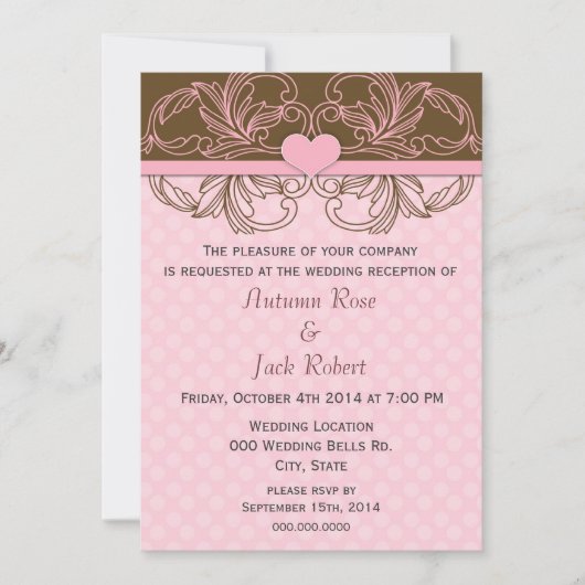 Invitation Réception de mariage rose et marron adorable (Devant)
