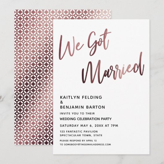 Invitation Réception de mariage rose gold pour les jeunes mar (Devant / Derrière)