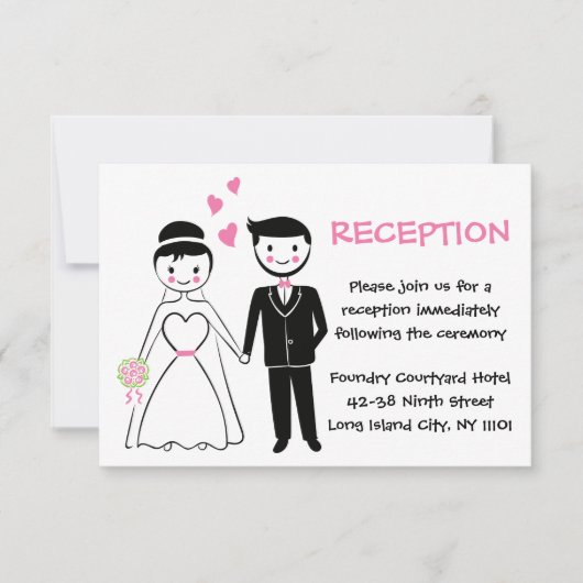 Invitation Réception de mariage rose - Mariés cartoon (Devant)