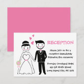Invitation Réception de mariage rose - Mariés cartoon (Devant / Derrière)