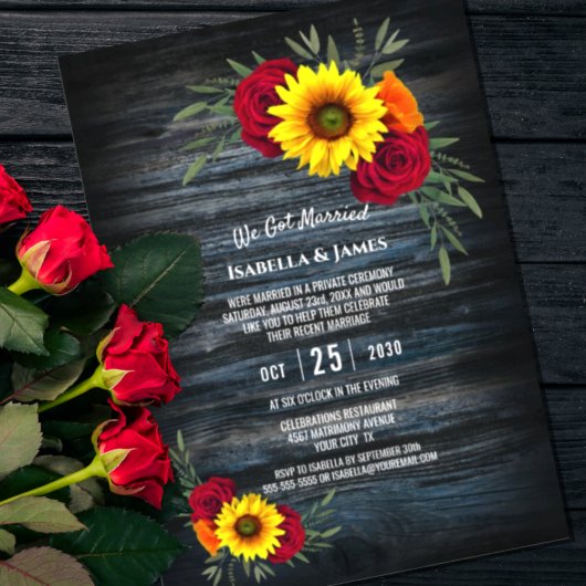 Invitation Réception de mariage Rose Tournesol Bois de grange
