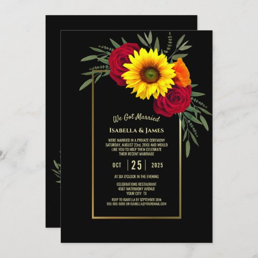 Invitation Réception de mariage Rose Tournesol Or Noir (Devant / Derrière)