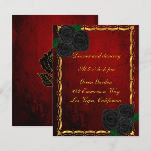 Invitation Réception de mariage Roses noires gothiques Rouge (Devant / Derrière)