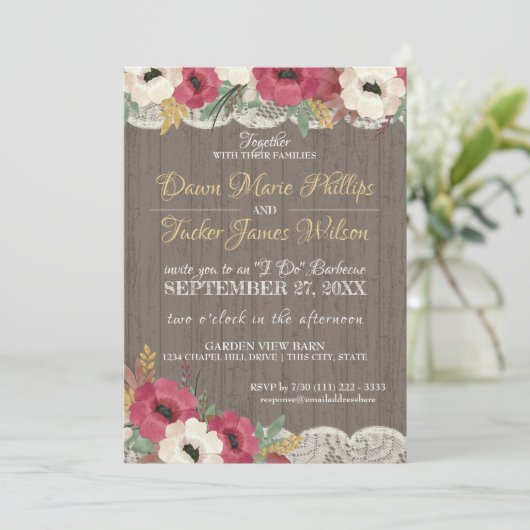 Invitation Réception de mariage rustique au BBQ avec dentelle (Debout devant)