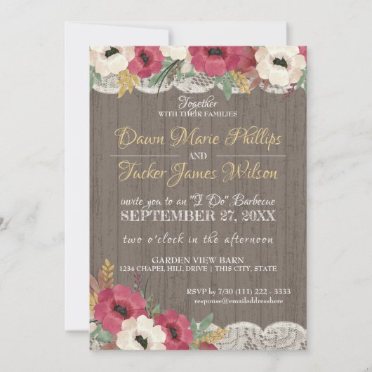 Invitation Réception de mariage rustique BBQ Floral Bourgogne (Devant)