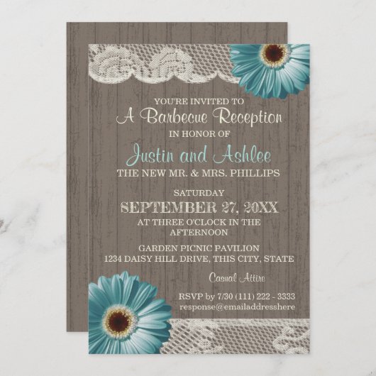 Invitation Réception de mariage rustique BBQ sarcelle Daisies (Devant / Derrière)