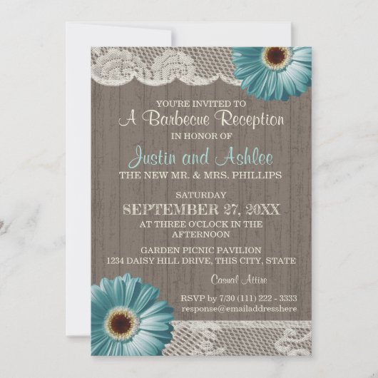 Invitation Réception de mariage rustique BBQ sarcelle Daisy e (Devant)