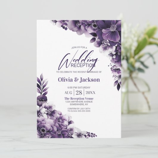 Invitation Réception De Mariage Rustique Violet Floral (Debout devant)