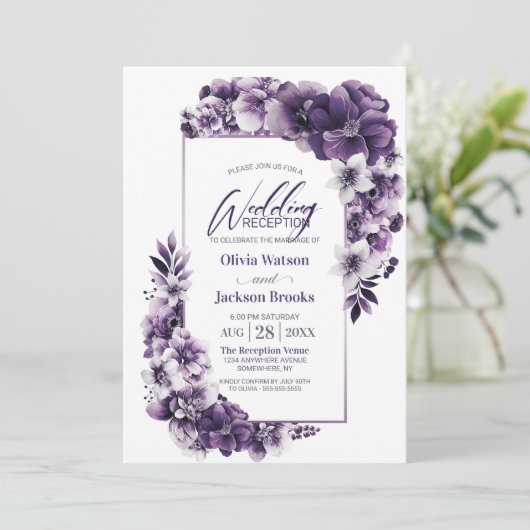 Invitation Réception De Mariage Rustique Violet Floral (Debout devant)