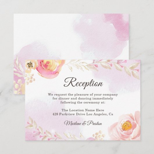 Invitation Réception de mariage tendance rose & or Floral Gar (Devant / Derrière)