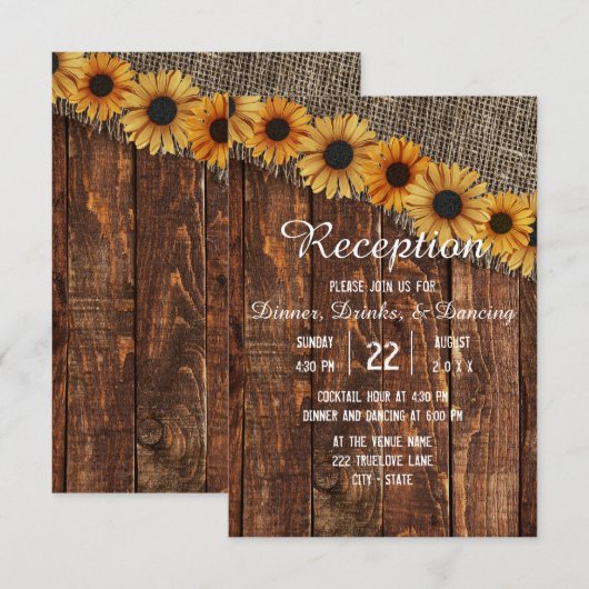 Invitation Réception de mariage tournesol en bois rustique et (Devant / Derrière)
