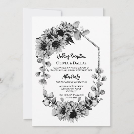Invitation Réception de mariage tournesol soleil noir et blan (Devant)