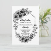 Invitation Réception de mariage tournesol soleil noir et blan (Debout devant)