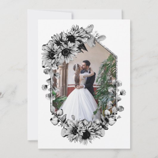 Invitation Réception de mariage tournesol soleil noir et blan (Dos)