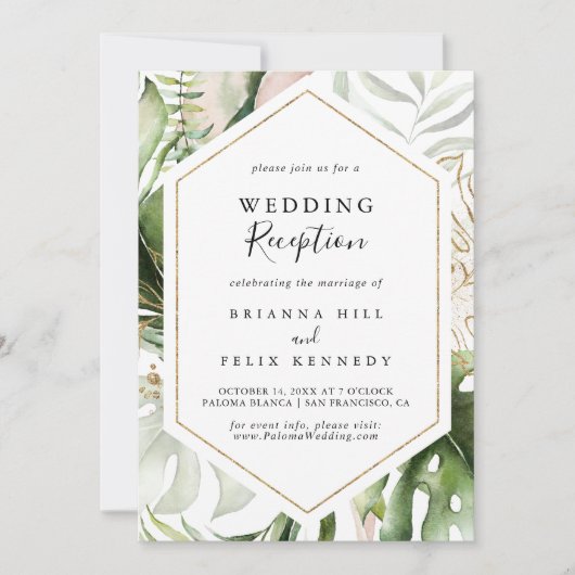 Invitation Réception de mariage tropical avec dorure géométri (Devant)