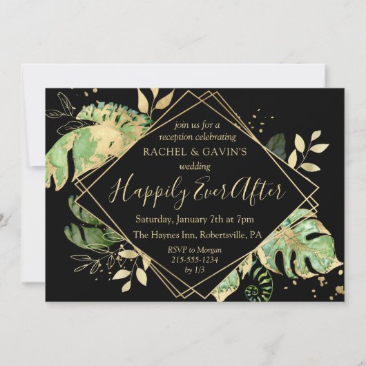 Invitation Réception de mariage Tropical Elopement Noir & Or (Devant)