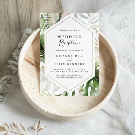 Invitation Réception de mariage tropicale en or géométrique