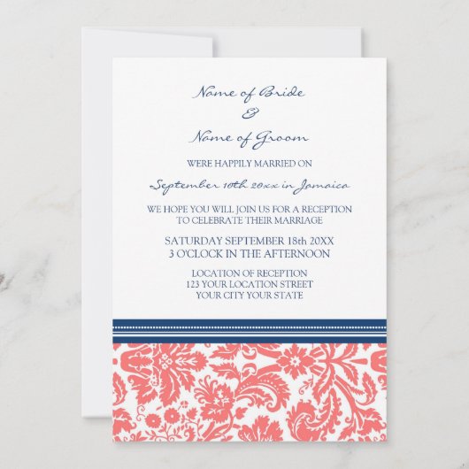 Invitation Réception De Mariage Uniquement Corail Bleu Damas (Dos)