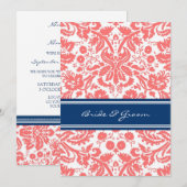 Invitation Réception De Mariage Uniquement Corail Bleu Damas (Devant / Derrière)