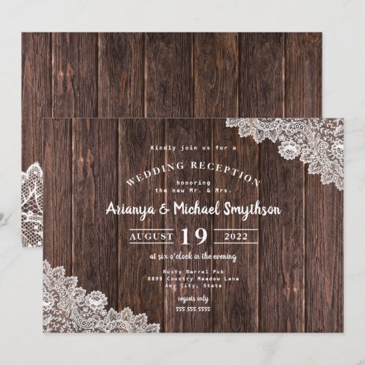 Invitation Réception de mariage uniquement Rustic Lace et Dar (Devant / Derrière)