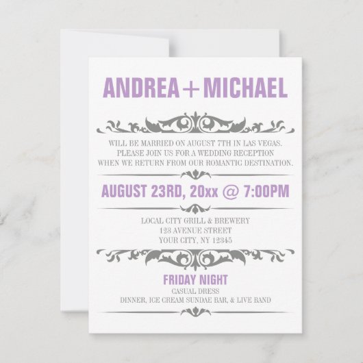 Invitation Réception de mariage violet et gris seulement Invi (Devant)