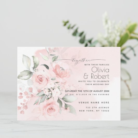 Invitation Réception de mariage | Wispy Roses de chalet rose (Debout devant)