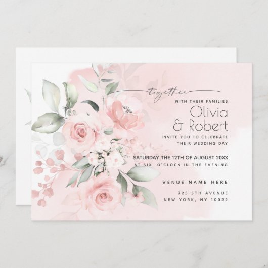 Invitation Réception de mariage | Wispy Roses de chalet rose (Devant / Derrière)