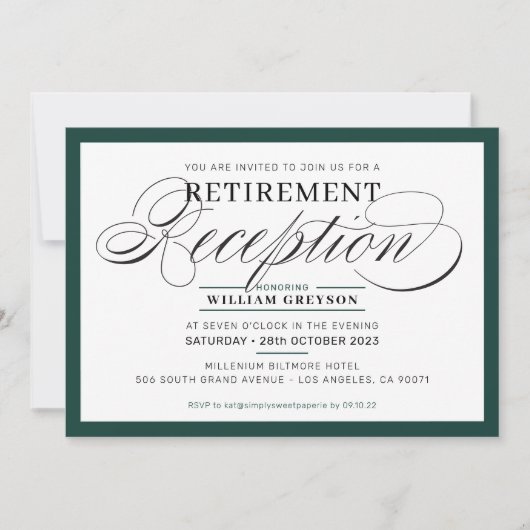 Invitation RÉCEPTION DE RETRAITE vert foncé simple moderne (Devant)